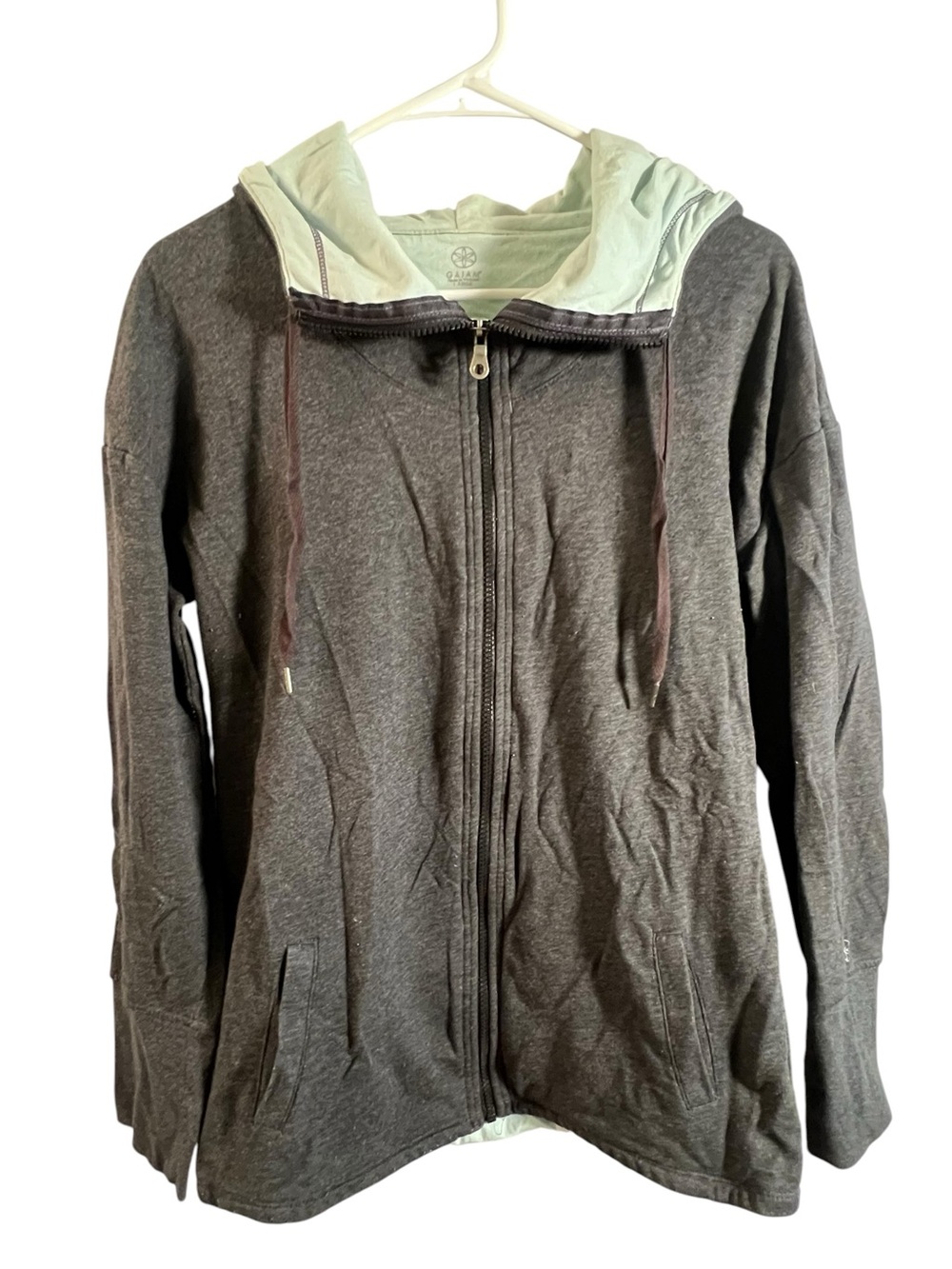Gaiam Women’s Size Large Full Zip Hoodie Sweatshirt Charcoal Gray Light Blue